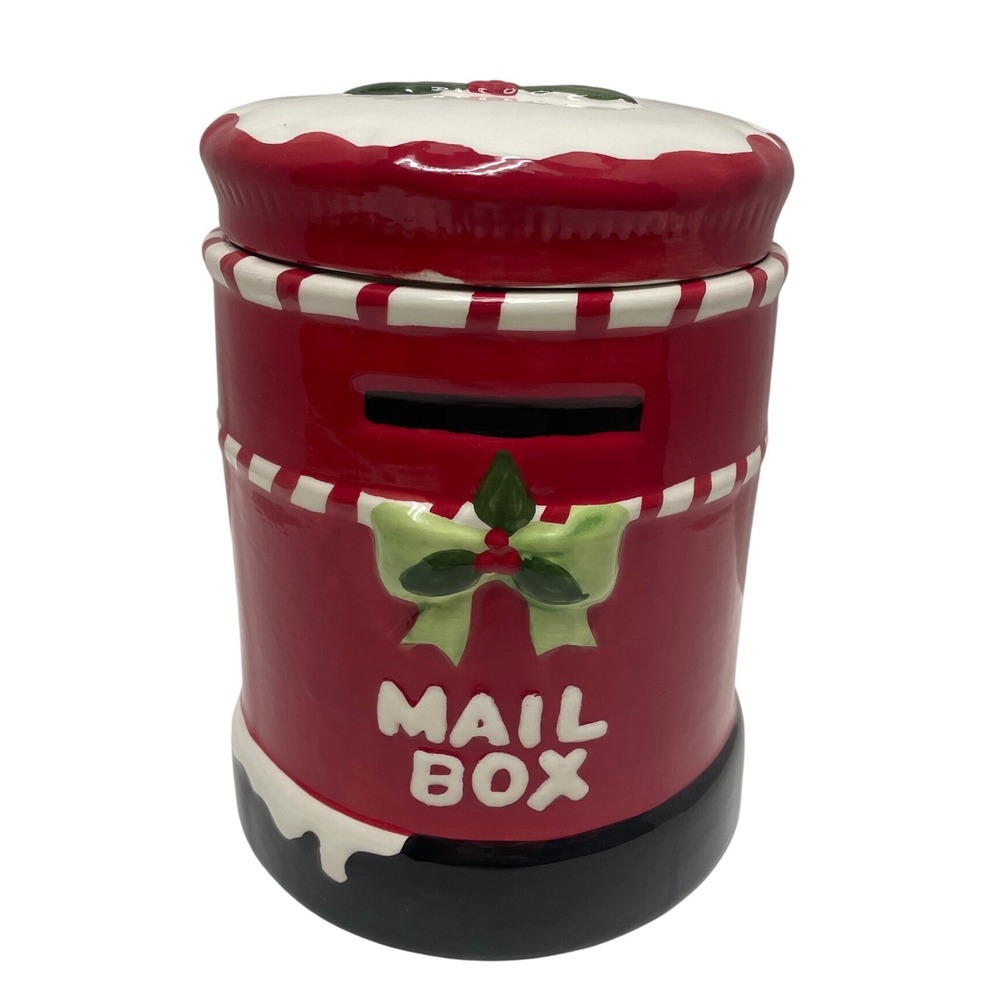 Christmas Holiday Mailbox Ceramic Cookie Jar Red White Green C23914